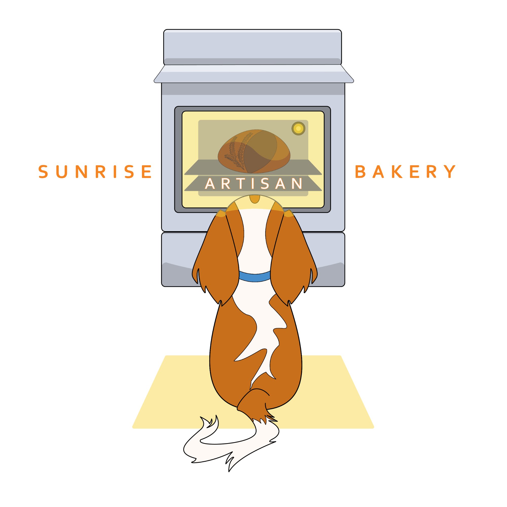 Mia, the bakery's basset hound, watching bread bake in the oven